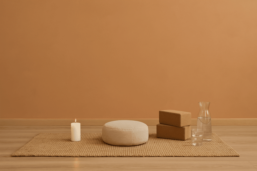 Ambiance zen pour méditation : bougie allumée, coussin zafu beige, deux blocs de yoga en liège et carafe d'eau sur tapis en jute.
