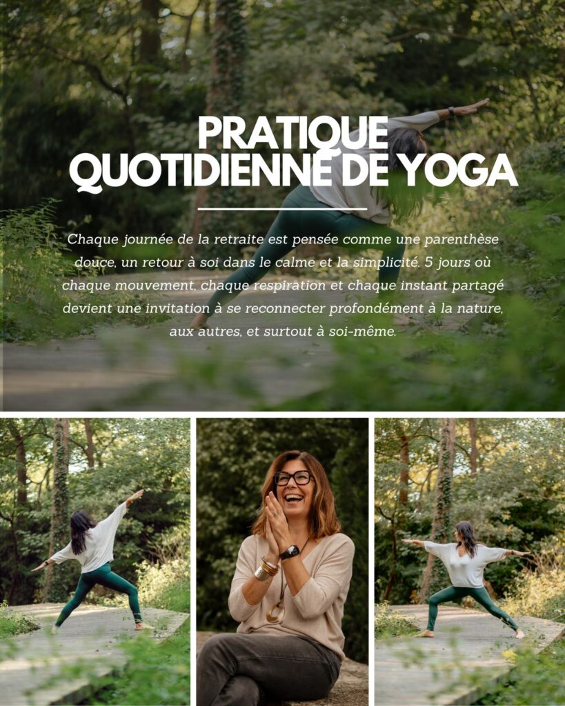 PRATIQUE QUOTIDIENNE DE YOGA. Retraite bien-être de 5 jours en nature. Deux femmes font du yoga, l'une sourit joyeusement.