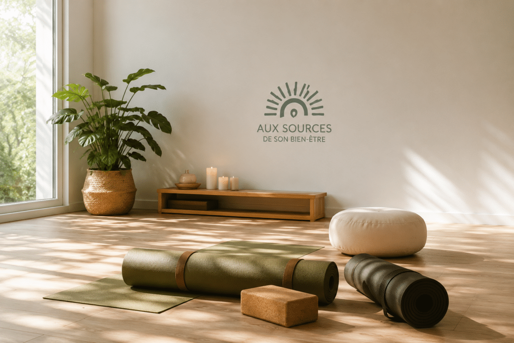 Studio de yoga zen avec tapis, plantes et logo Aux Sources de son bien-être.