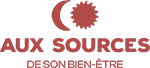 Logo Aux Sources de son Bien-Être, croissant de lune et soleil stylisés de couleur terracotta.